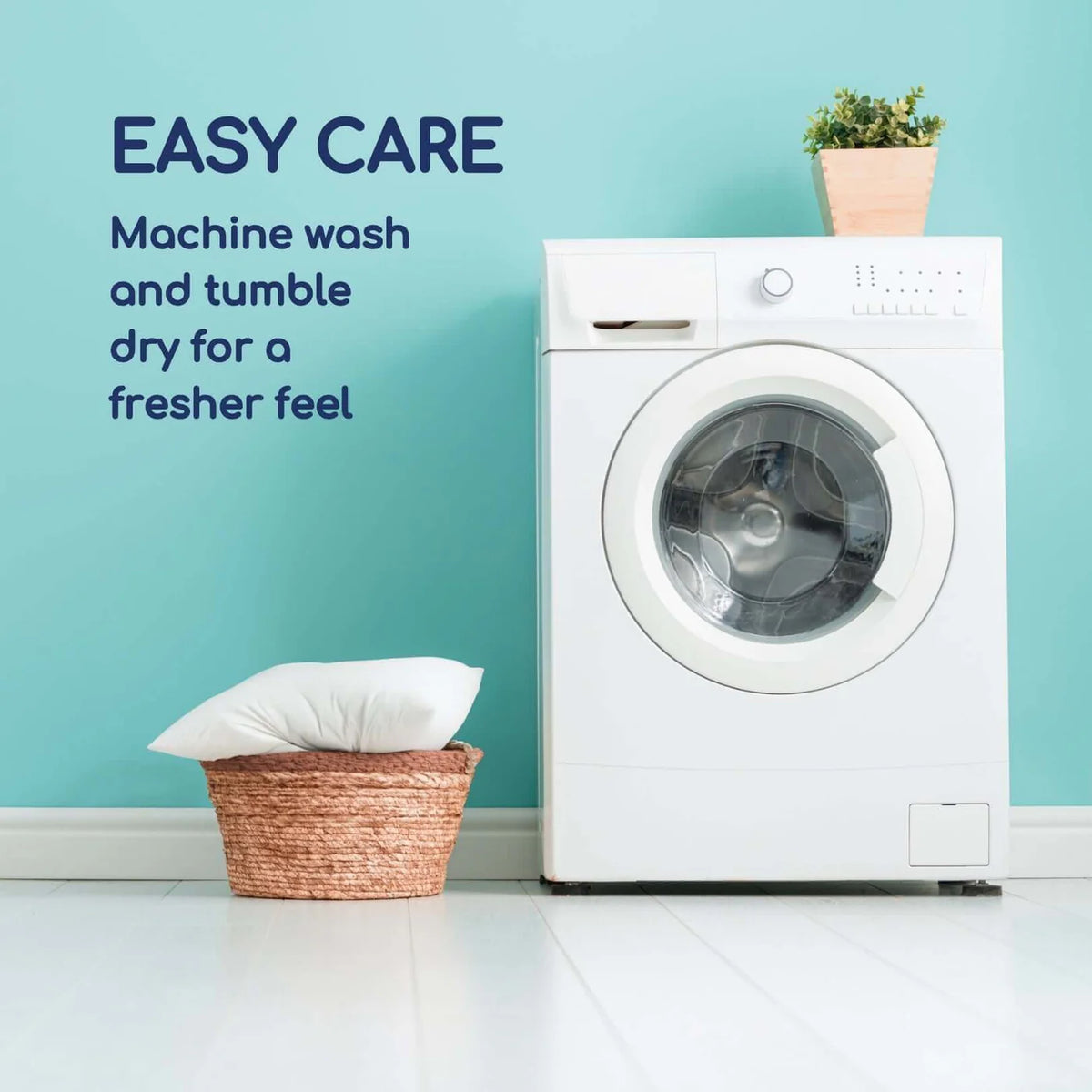 Hotel Luxury Pillow in a washing machine with the words Easy Care: machine wash and tumble dry for a fresher feel.