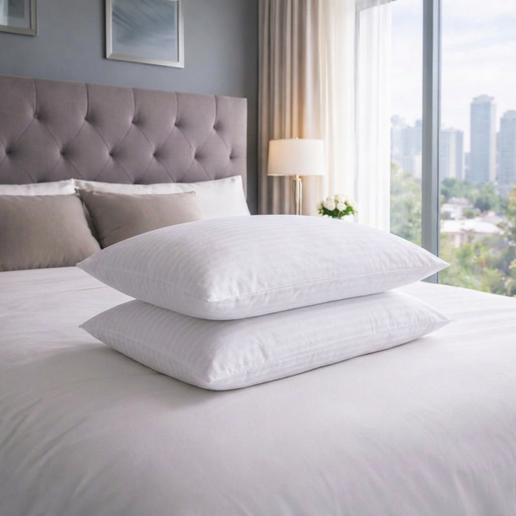 Stacked pair of striped Hotel Luxury Pillows sitting on a bed.