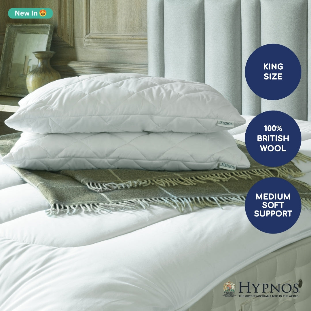 Hypnos Kingsize Wool Pillow, made with 100% British wool and naturally anti-allergic with cotton cover and medium/soft support