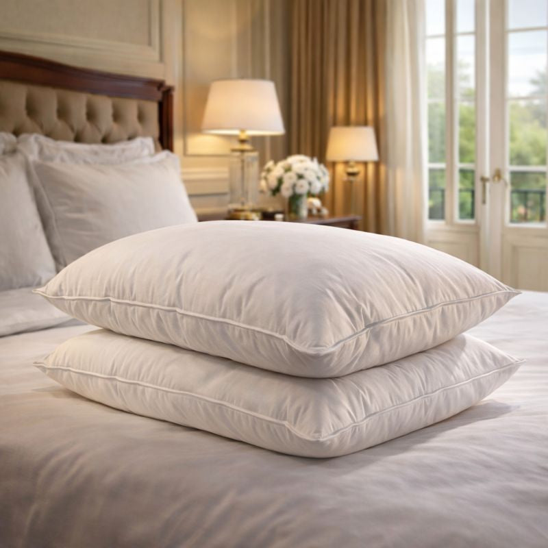 Two luxury Nature's Hug duck feather and down pillows on a bed in a bedroom