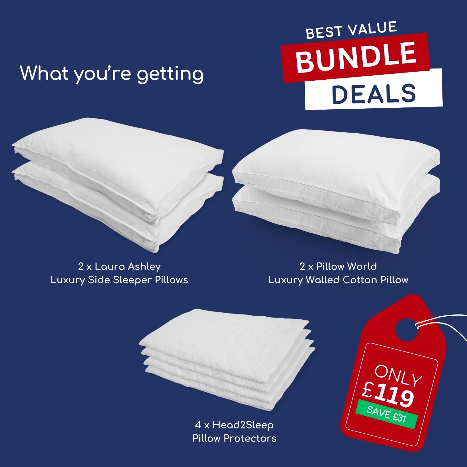 Laura Ashley Luxury Side Sleeper Bundle - 2 Pairs with Pillow Protectors