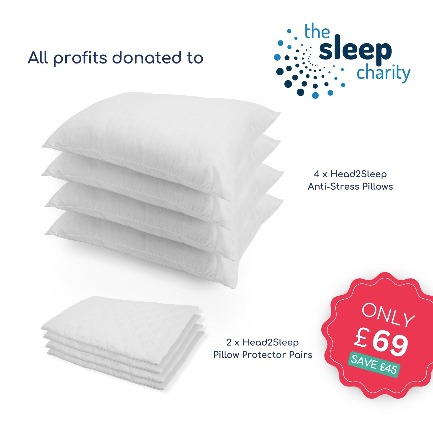 The Sleep Charity Anti-Stress Bundle - 4 Pillows and Protectors