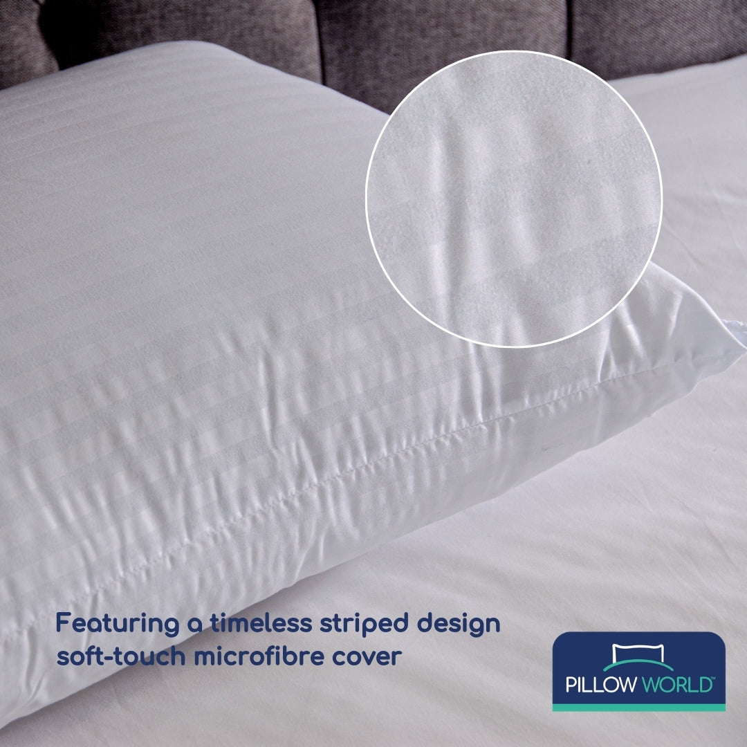White pillow with striped soft-touch microfibre cover by Pillow World.