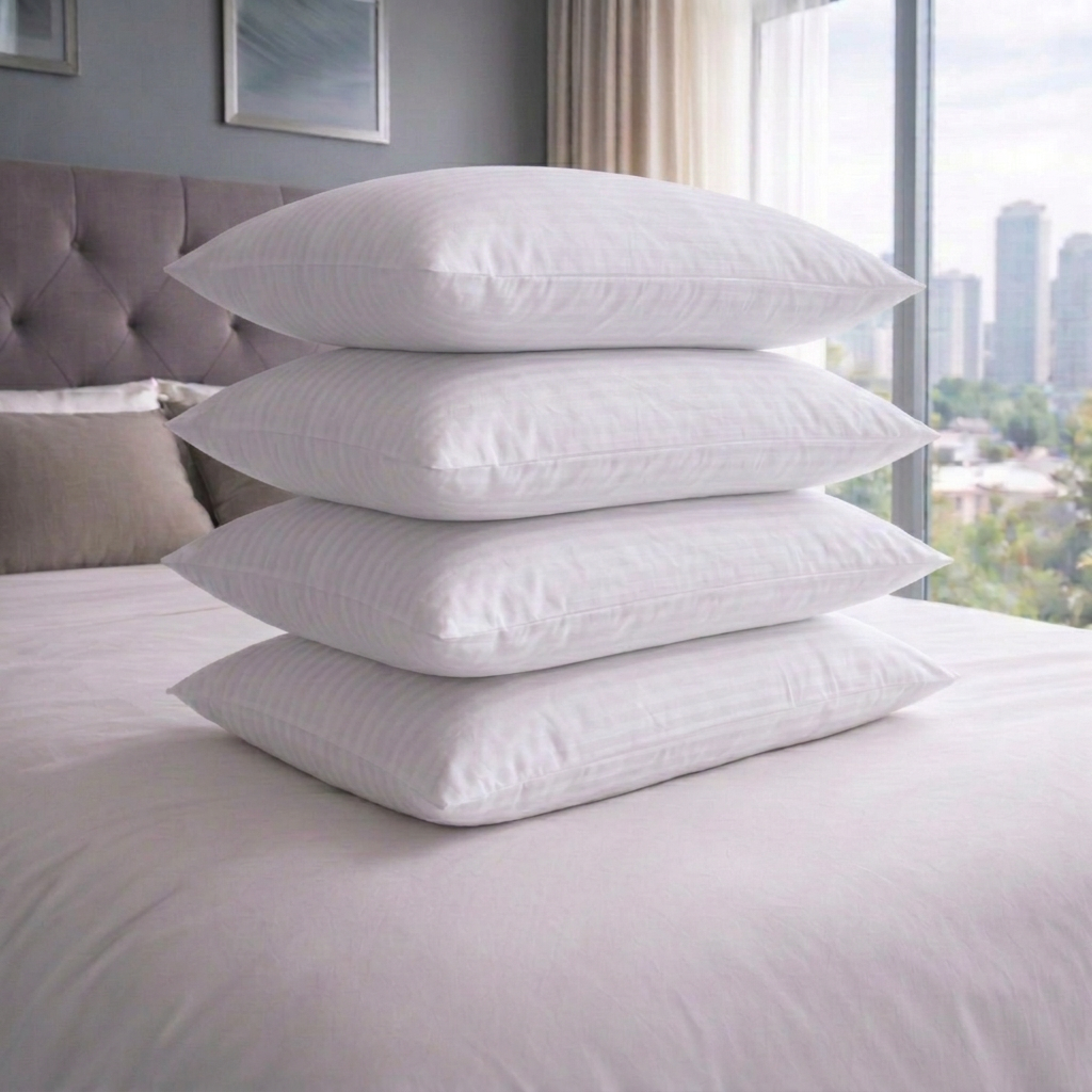 Four white striped pillows stacked on a white bed in a modern bedroom with a gray tufted headboard and a window showing a city view.