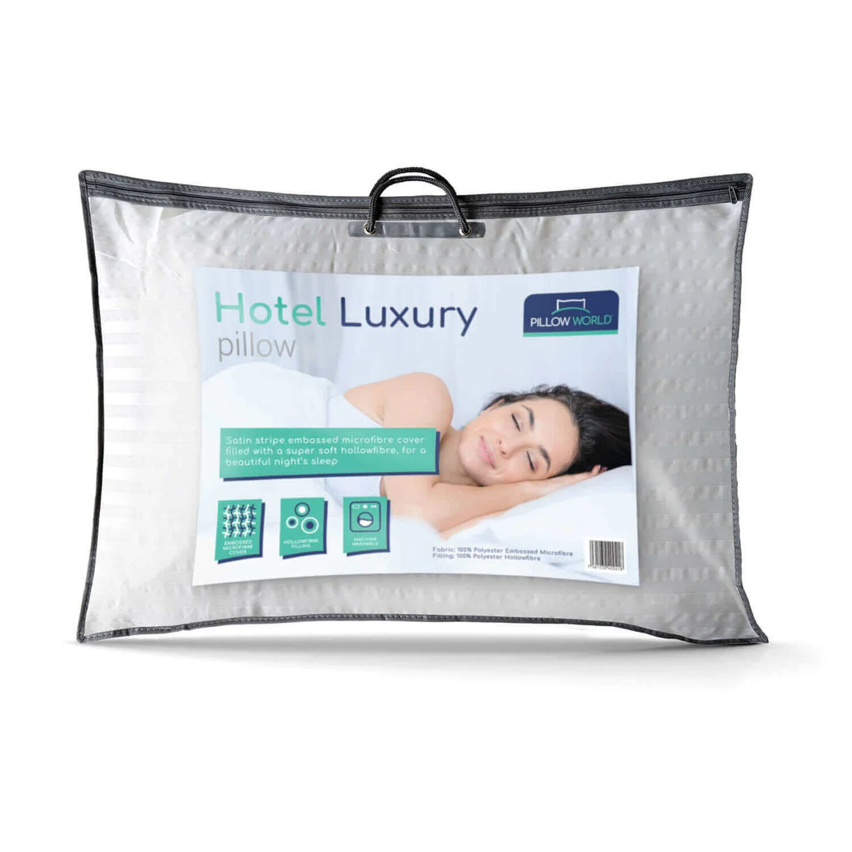 Hotel Luxury pillow in clear packaging with images and features on the front.