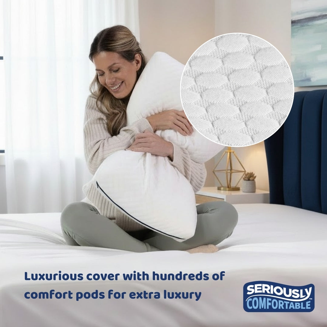 Woman hugging a pillow with a close-up of the pillow's texture, set against a bedroom background.