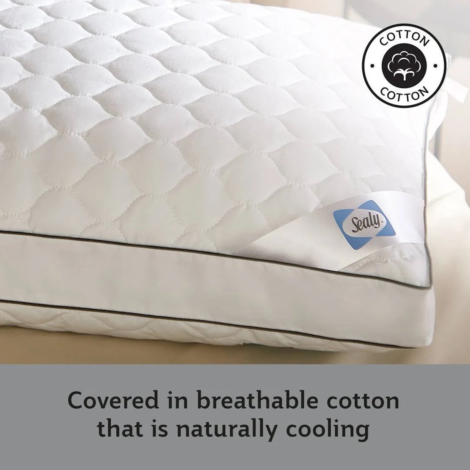 The Sealy Side Sleeper Pillow is covered in breathable cotton that is naturally cooling 